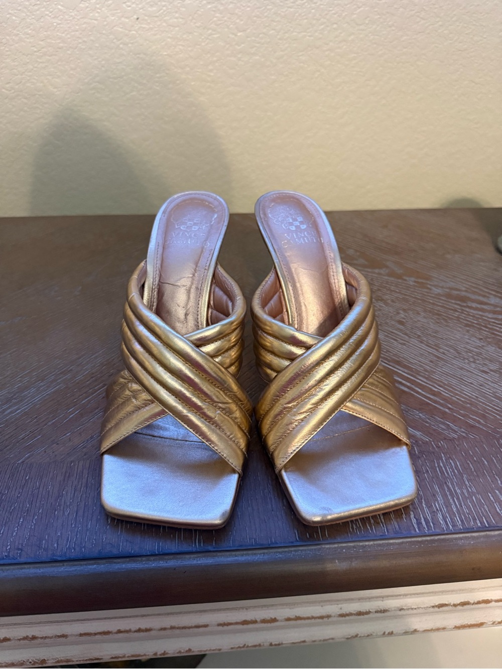 Vince Camuto Metallic Gold Quilted Cross-Strap Slide Heels